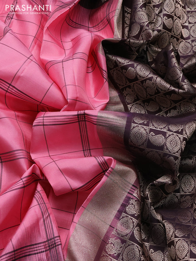 Pure soft silk saree light pink and jamun shade with allover checked pattern and zari woven butta border