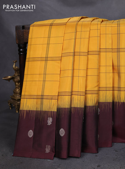 Pure soft silk saree yellow and deep maroon with allover checked pattern and zari woven butta border