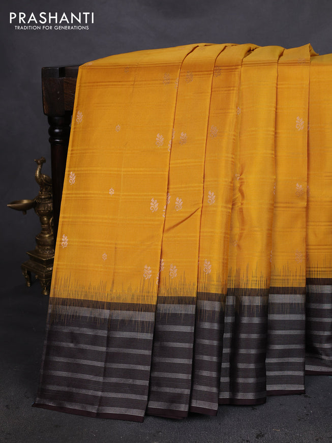 Pure soft silk saree mango yellow and coffee brown with zari woven buttas and silver zari woven border