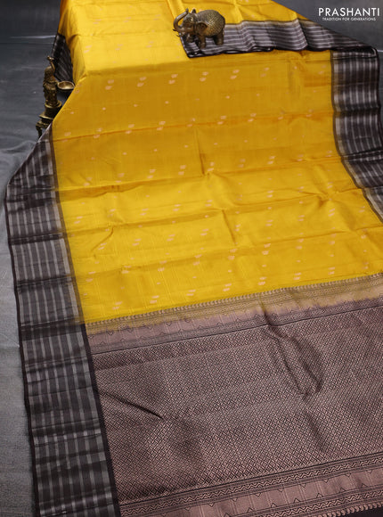 Pure soft silk saree mango yellow and coffee brown with zari woven buttas and silver zari woven border