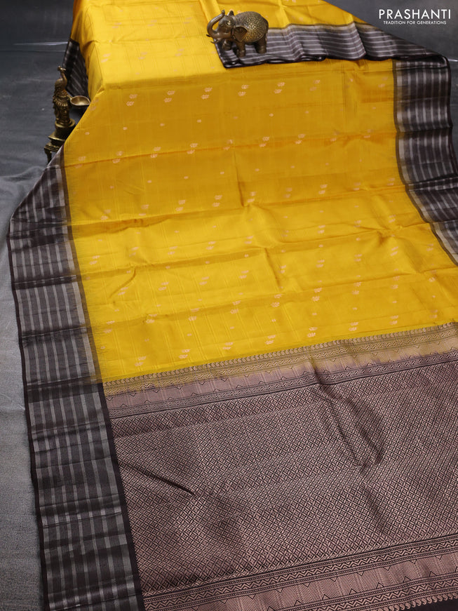 Pure soft silk saree mango yellow and coffee brown with zari woven buttas and silver zari woven border