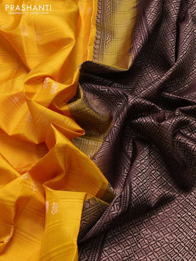 Pure soft silk saree mango yellow and coffee brown with zari woven buttas and silver zari woven border