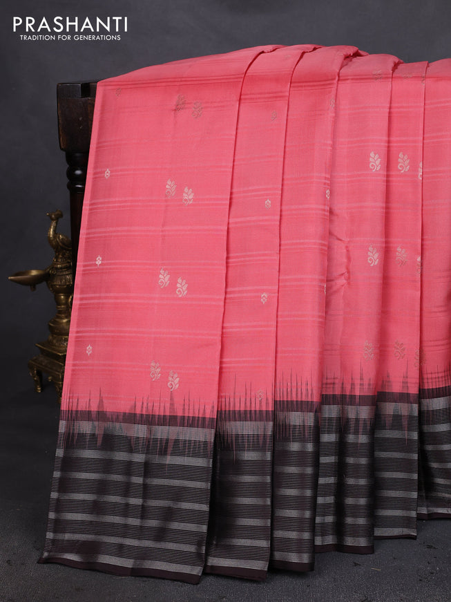 Pure soft silk saree peach shade and coffee brown with zari woven buttas and silver zari woven border