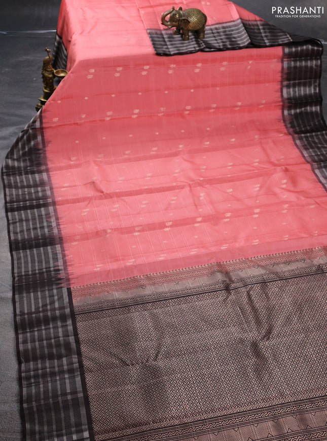 Pure soft silk saree peach shade and coffee brown with zari woven buttas and silver zari woven border