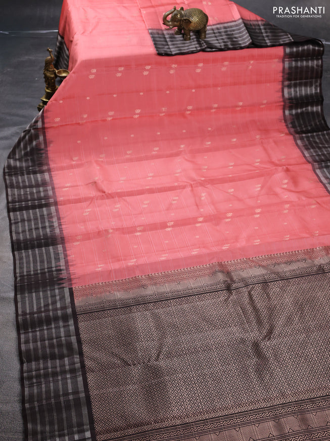 Pure soft silk saree peach shade and coffee brown with zari woven buttas and silver zari woven border