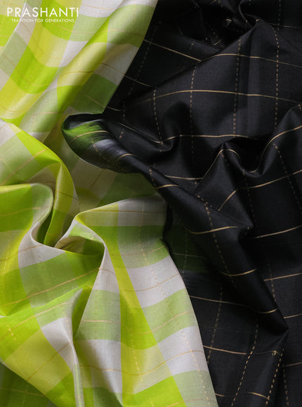 Pure soft silk saree light green off white and black with allover zari checked pattern and rettapet zari woven border
