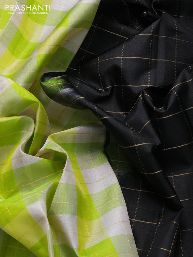 Pure soft silk saree light green off white and black with allover zari checked pattern and rettapet zari woven border