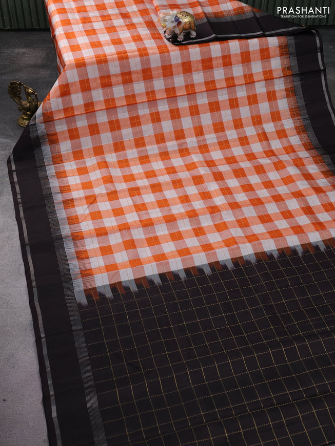 Pure soft silk saree orange off white and deep wine shade with allover zari checked pattern and rettapet zari woven border