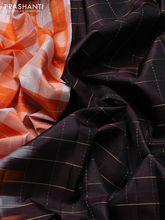 Pure soft silk saree orange off white and deep wine shade with allover zari checked pattern and rettapet zari woven border
