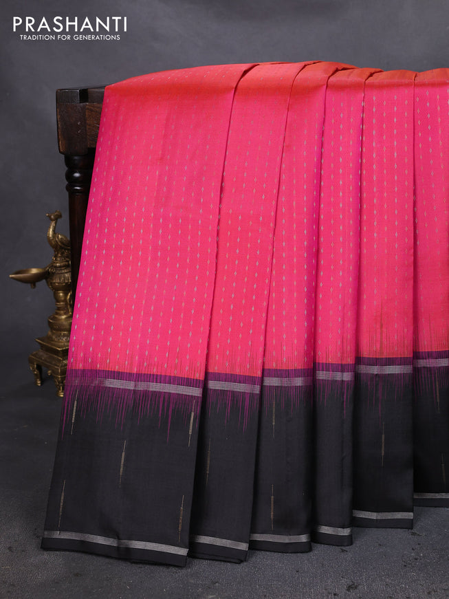 Pure soft silk saree dual shade of pinkish orange and black with allover silver & gold zari woven butta weaves and long zari woven butta border
