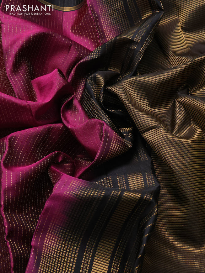 Pure soft silk saree magenta pink and black with allover zari woven strip pattern and long zari woven border