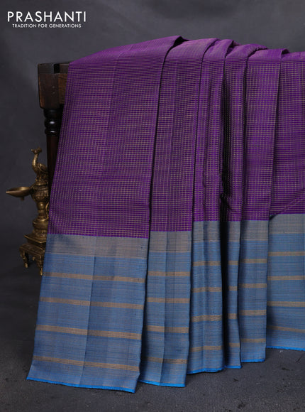 Pure soft silk saree violet and cs blue with allover small zari checked pattern and long zari woven border