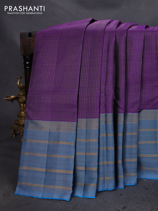 Pure soft silk saree violet and cs blue with allover small zari checked pattern and long zari woven border