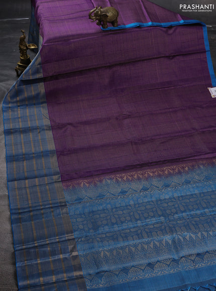 Pure soft silk saree violet and cs blue with allover small zari checked pattern and long zari woven border