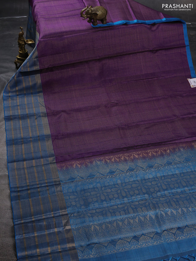Pure soft silk saree violet and cs blue with allover small zari checked pattern and long zari woven border