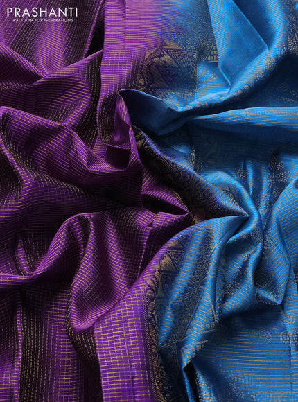 Pure soft silk saree violet and cs blue with allover small zari checked pattern and long zari woven border
