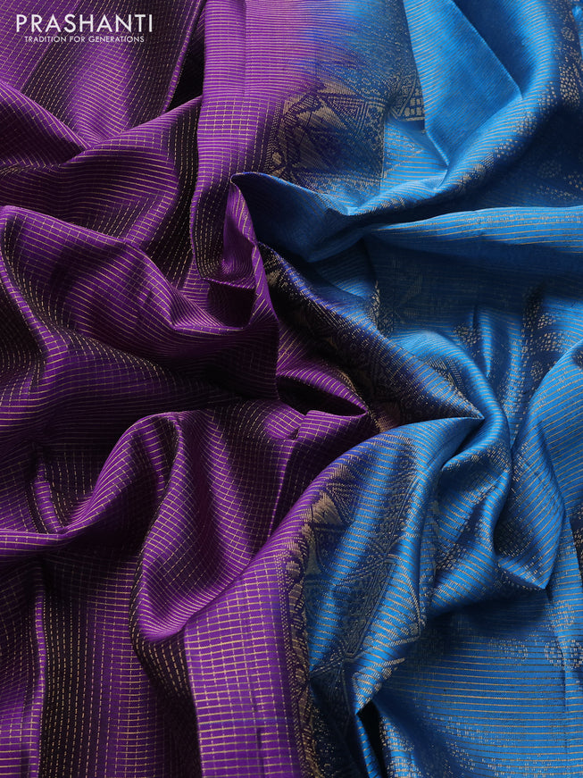 Pure soft silk saree violet and cs blue with allover small zari checked pattern and long zari woven border