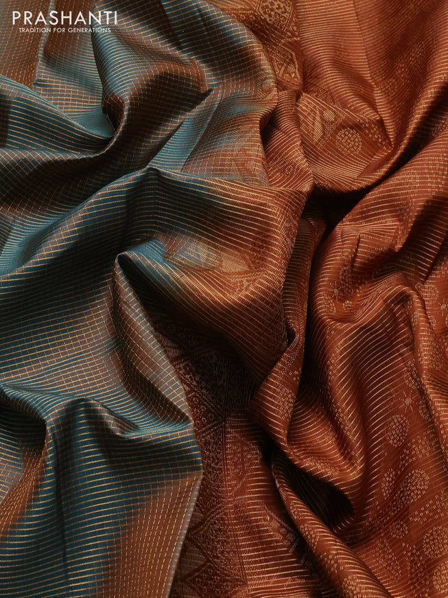 Pure soft silk saree dual shade of teal green and brown with allover small zari checked pattern and long zari woven border