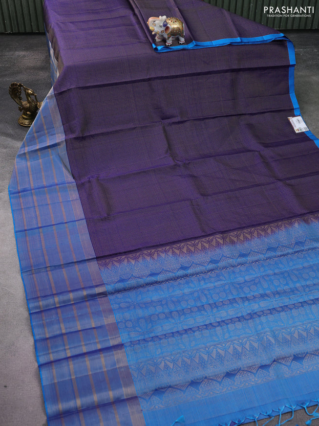 Pure soft silk saree blue and cs blue with allover small zari checked pattern and long zari woven border