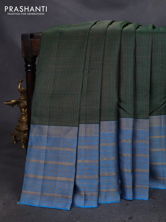 Pure soft silk saree bottle green and cs blue with allover small zari checked pattern and long zari woven border