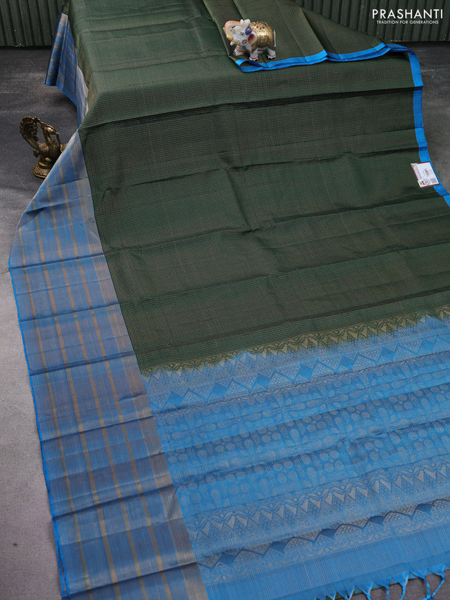 Pure soft silk saree bottle green and cs blue with allover small zari checked pattern and long zari woven border
