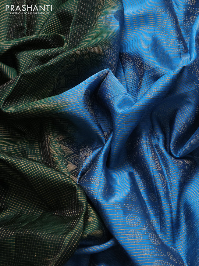 Pure soft silk saree bottle green and cs blue with allover small zari checked pattern and long zari woven border