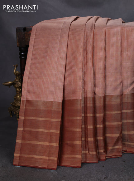 Pure soft silk saree sandal and brown with allover small zari checked pattern and long zari woven border