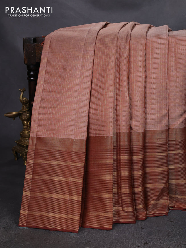 Pure soft silk saree sandal and brown with allover small zari checked pattern and long zari woven border