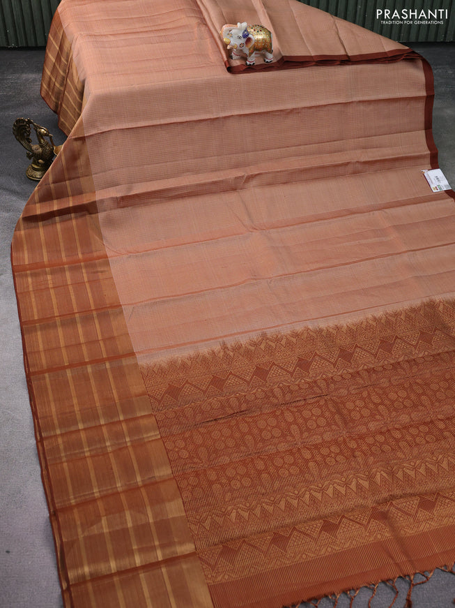 Pure soft silk saree sandal and brown with allover small zari checked pattern and long zari woven border