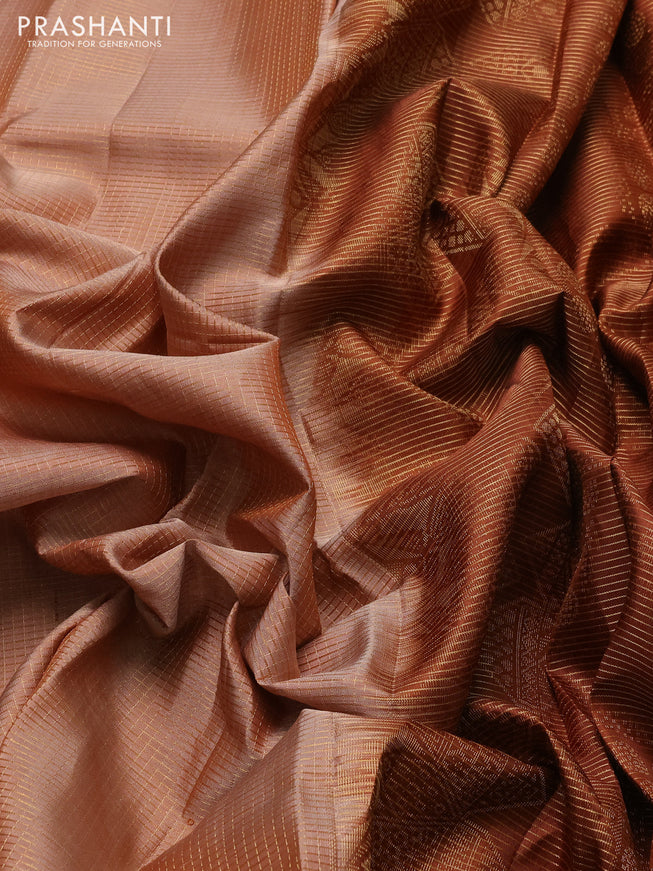 Pure soft silk saree sandal and brown with allover small zari checked pattern and long zari woven border