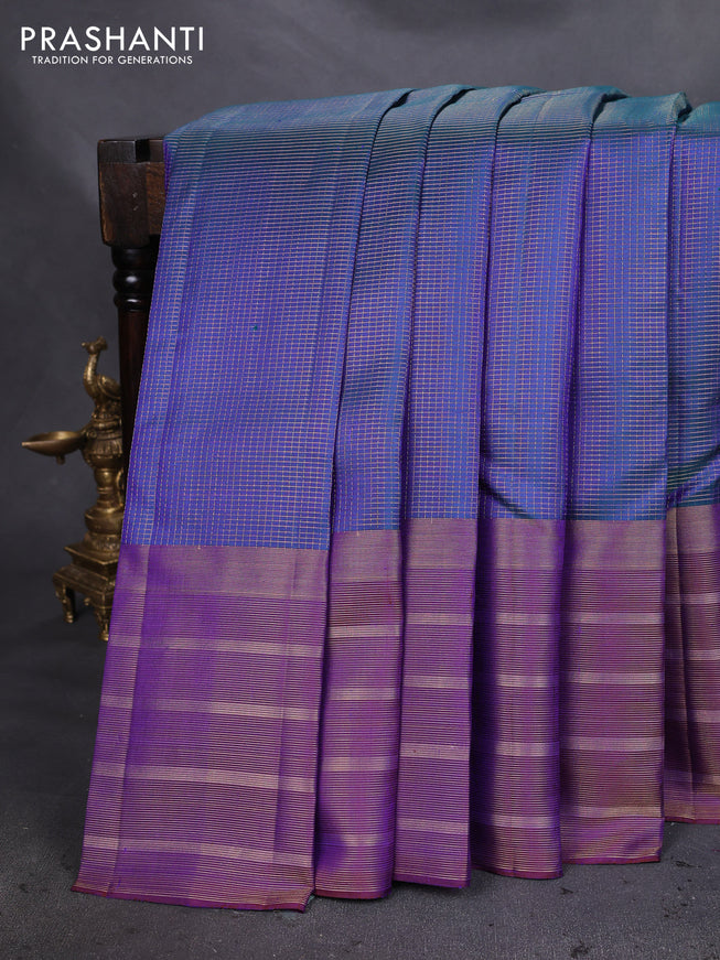 Pure soft silk saree dual shade of blue and dual shade of purple with allover small zari checked pattern and long zari woven border