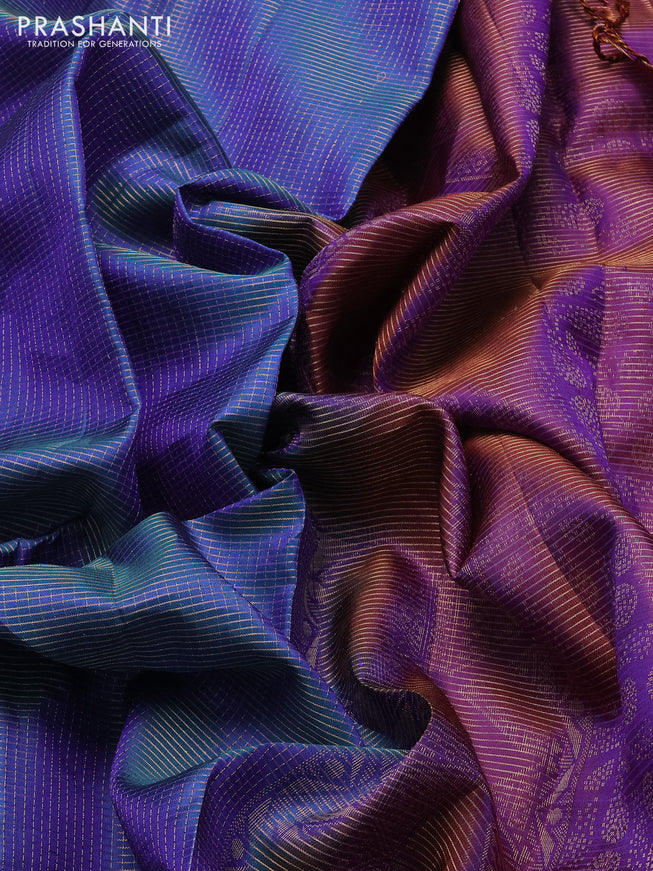 Pure soft silk saree dual shade of blue and dual shade of purple with allover small zari checked pattern and long zari woven border