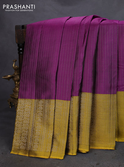Pure soft silk saree purple and dark mustard with allover zari woven strip pattern and long silver zari woven border