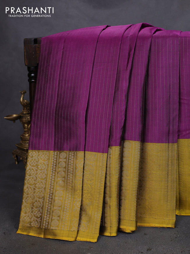 Pure soft silk saree purple and dark mustard with allover zari woven strip pattern and long silver zari woven border