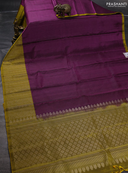 Pure soft silk saree purple and dark mustard with allover zari woven strip pattern and long silver zari woven border