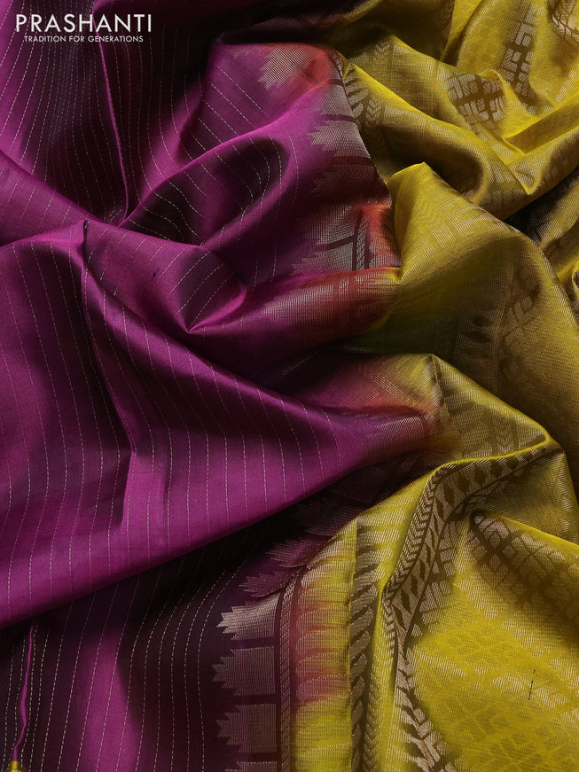 Pure soft silk saree purple and dark mustard with allover zari woven strip pattern and long silver zari woven border