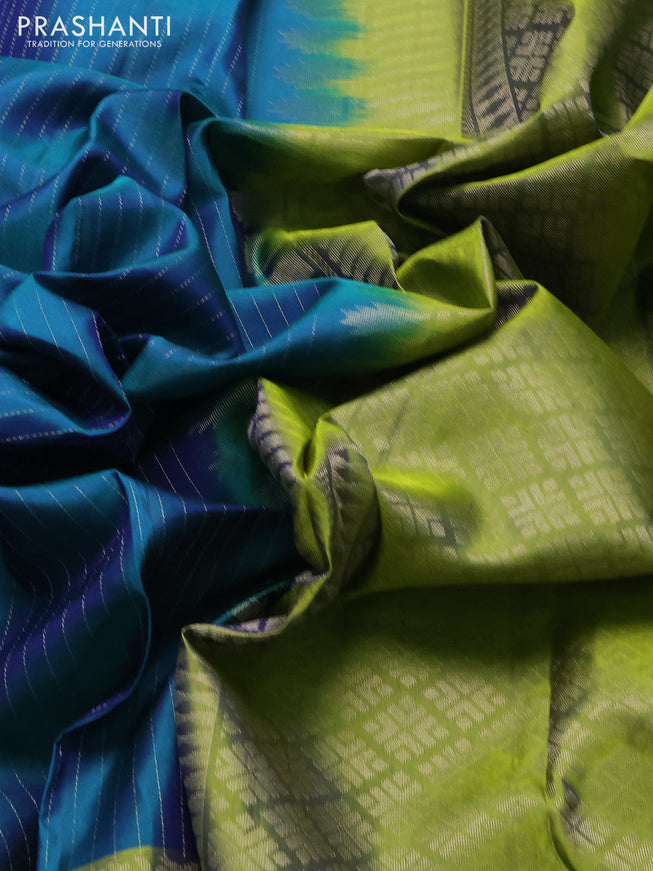 Pure soft silk saree dual shade of teal green and light green with allover zari woven strip pattern and long silver zari woven border