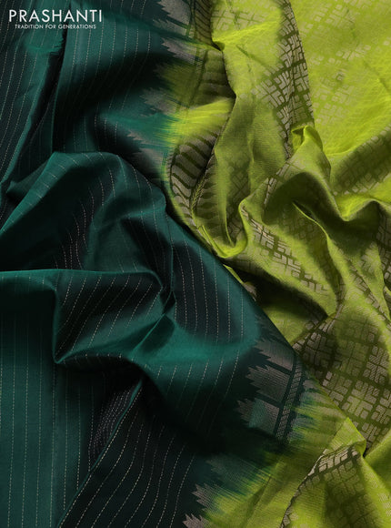 Pure soft silk saree bottle green and light green with allover zari woven strip pattern and long silver zari woven border