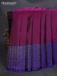 Pure soft silk saree purple and blue with allover zari woven strip pattern and long silver zari woven border