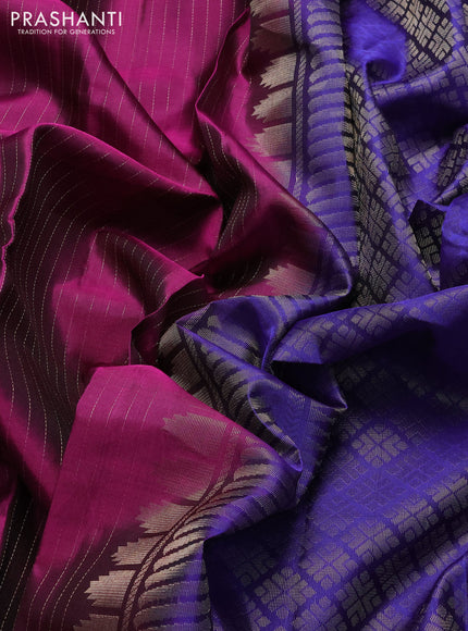 Pure soft silk saree purple and blue with allover zari woven strip pattern and long silver zari woven border