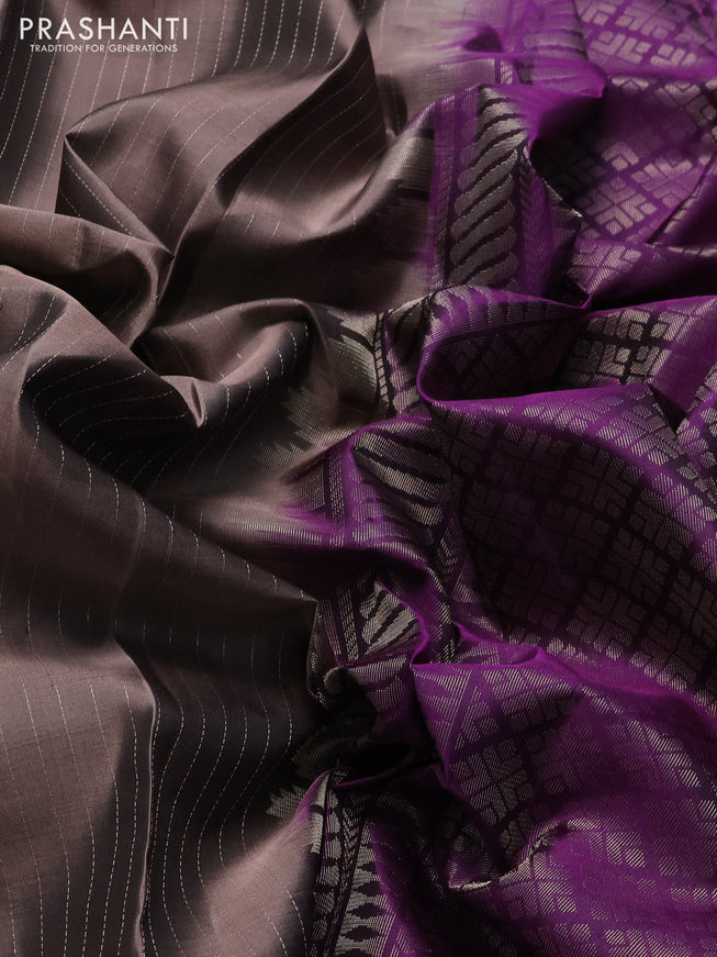 Pure soft silk saree grey shade and purple with allover zari woven strip pattern and long silver zari woven border