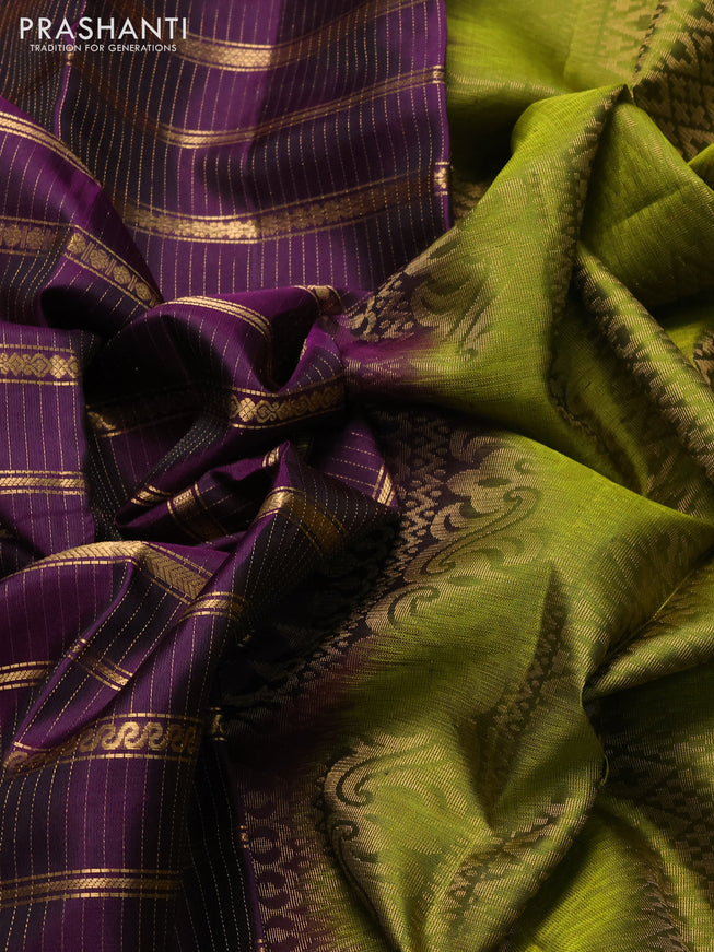 Pure soft silk saree purple and light green with allover zari strip pattern and long zari woven border