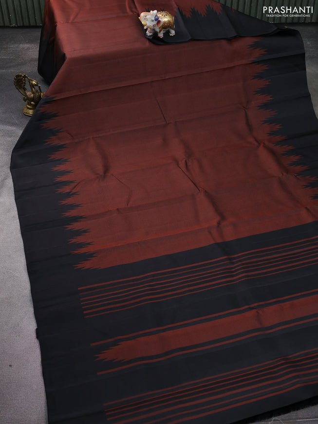 Pure soft silk saree black and orange with allover thread woven brocade weaves and temple design simple border