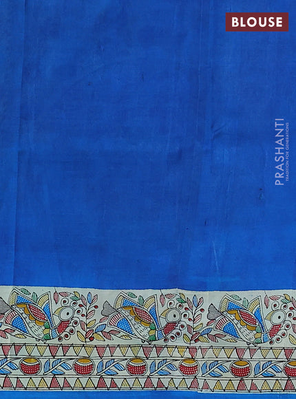 Printed silk saree blue and cream with allover patola prints and madhubani printed pallu & border