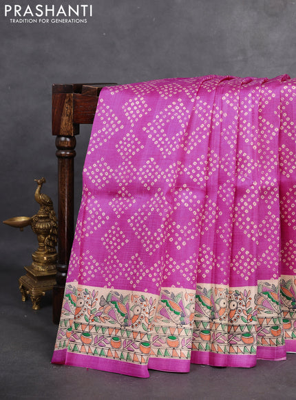 Printed silk saree pink with allover bandhani prints and madhubani printed pallu & border