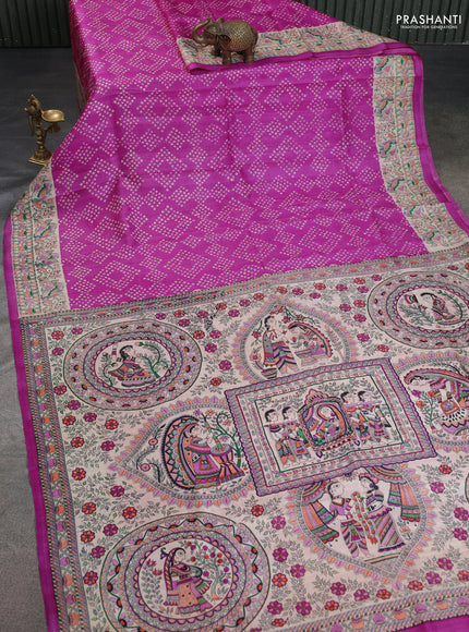 Printed silk saree pink with allover bandhani prints and madhubani printed pallu & border