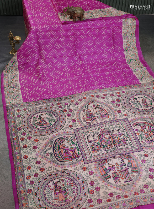 Printed silk saree pink with allover bandhani prints and madhubani printed pallu & border