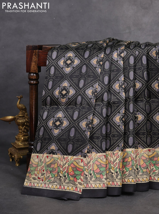 Printed silk saree black and cream with allover prints and madhubani printed pallu & border