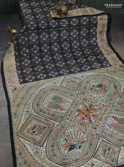 Printed silk saree black and cream with allover prints and madhubani printed pallu & border
