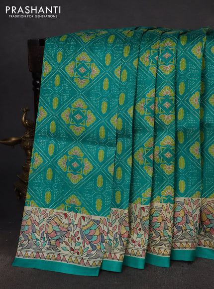 Printed silk saree teal green and cream with allover prints and madhubani printed pallu & border